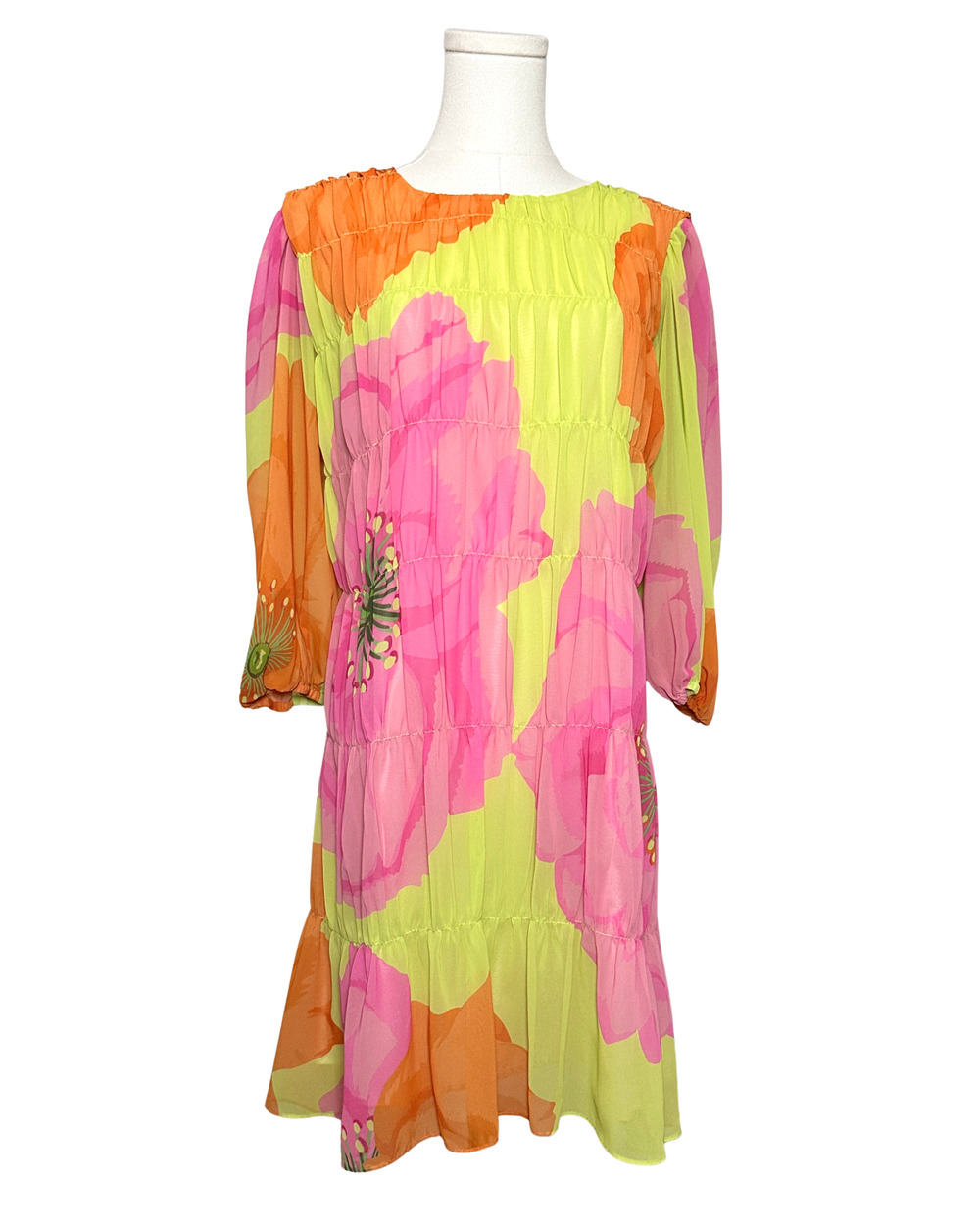 Trina Turk Floral 3/4 Balloon Sleeve Smocked Tiered Mini Dress Pink Green Small